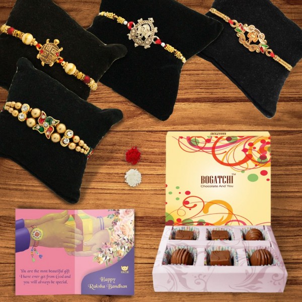 BOGATCHI 6 Chocolate Box 4 Rakhi Roli Chawal and Greeting Card E | Rakhi Special Chocolates | Rakhi Gift for Sister 